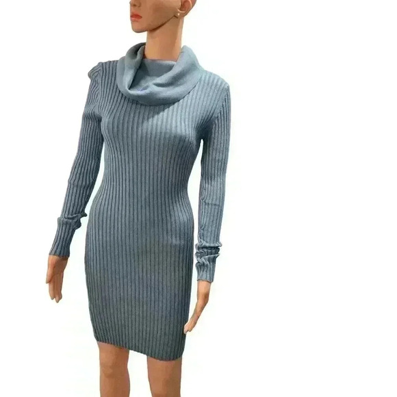Cozy Ribbed Knit Cowl Neck Dress - Slate Blue - Picture 1 of 10